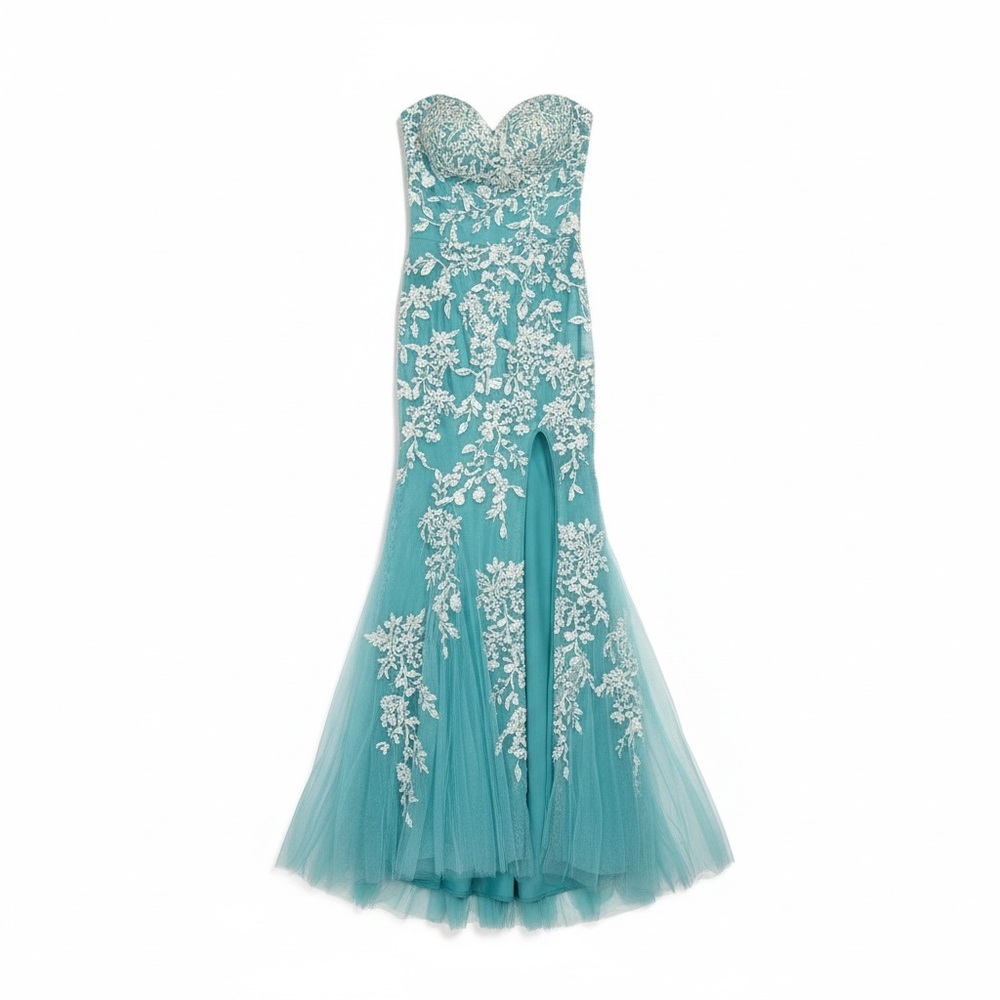 Jovani Turquoise Long Appliqued High Slit Sheath Gown NEW Size 4 Mermaid JVN - Picture 3 of 16